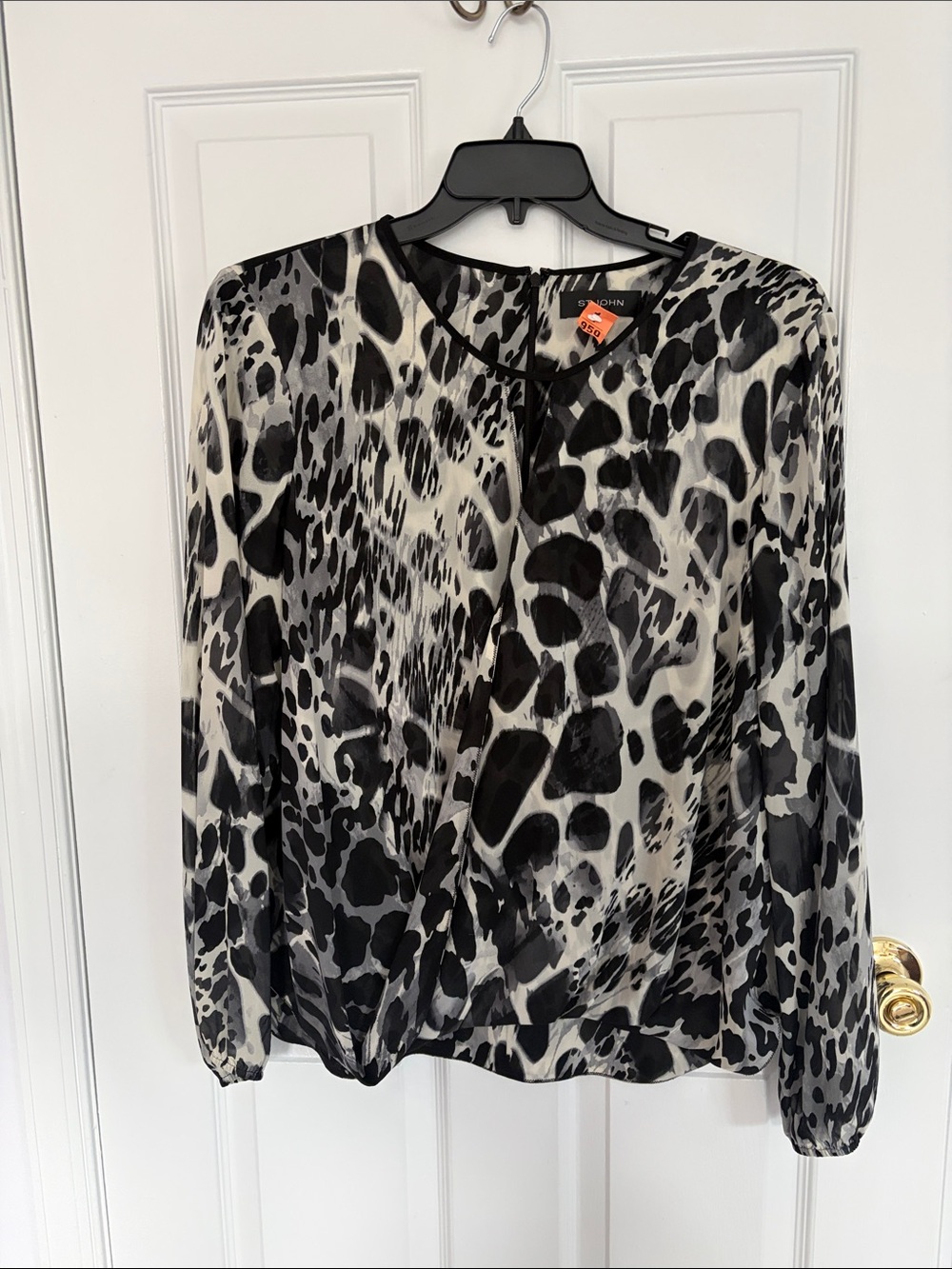 St. John Black and White Animal-Print Long Sleeve Blouse